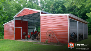 storage-barn-carport-1 Ridgeline barn with customized end wall enclosures and tractor parked inside.